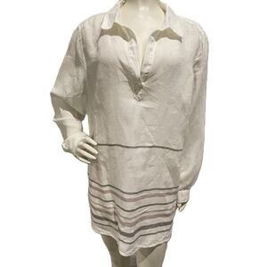 Tahari Linen Tunic Top L Striped Long Sleeve V-Neck Preppy Coastal Boho